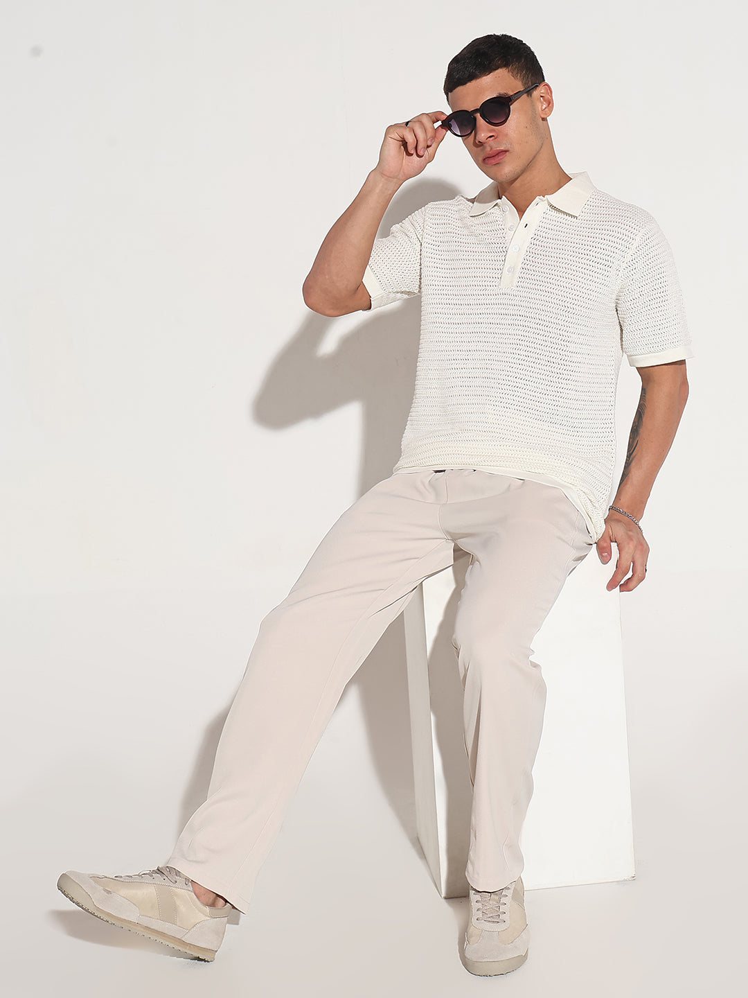 Men’s Textured White Short Sleeve Semi Sheer Polo T-Shirt