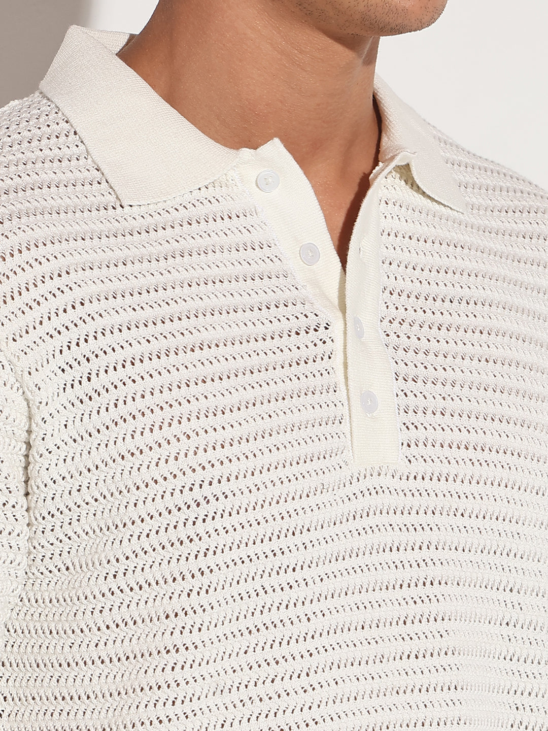 Men’s Textured White Short Sleeve Semi Sheer Polo T-Shirt