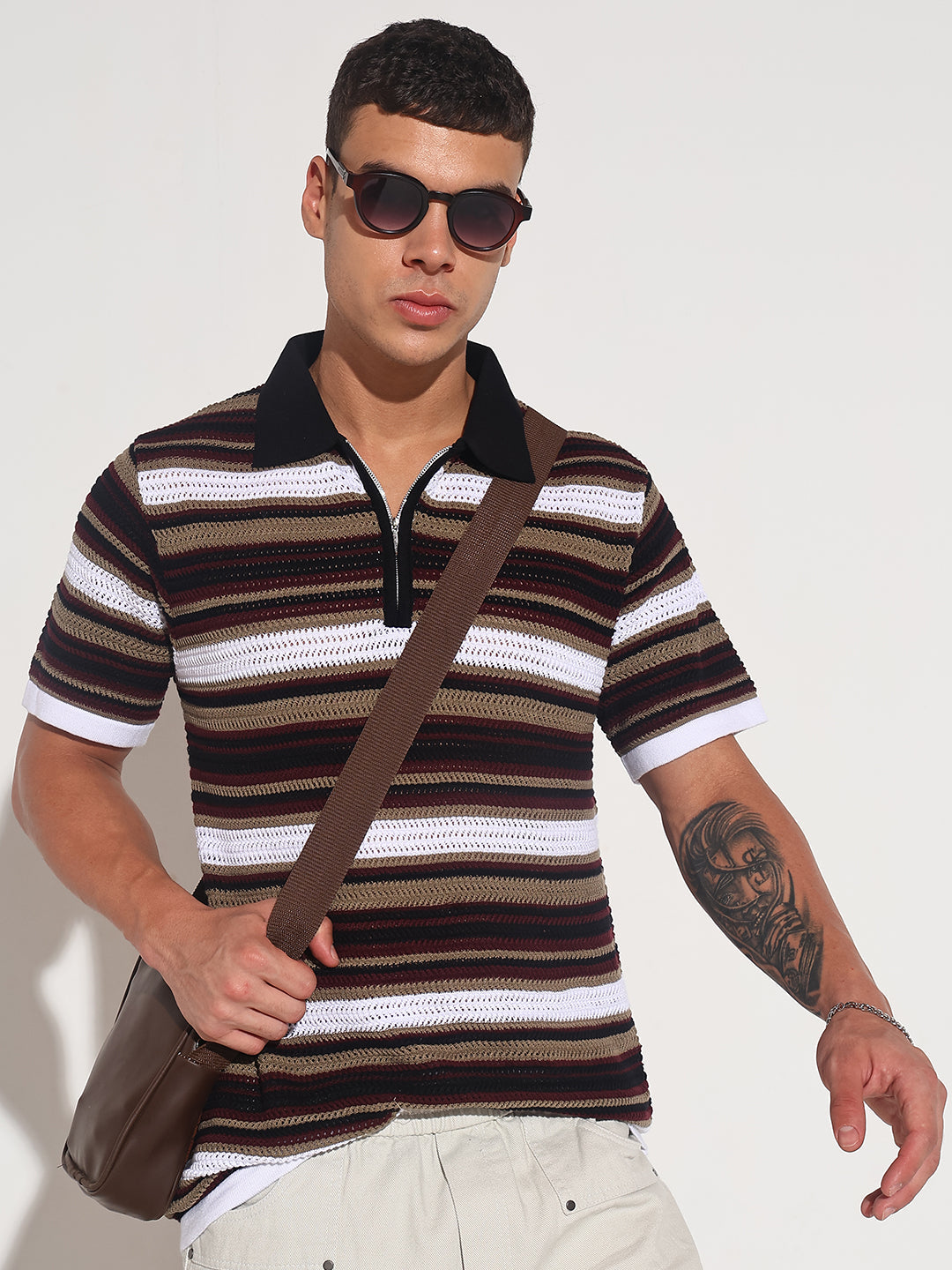 Men’s Black Striped Knit Polo T-Shirt with Zipper Detail