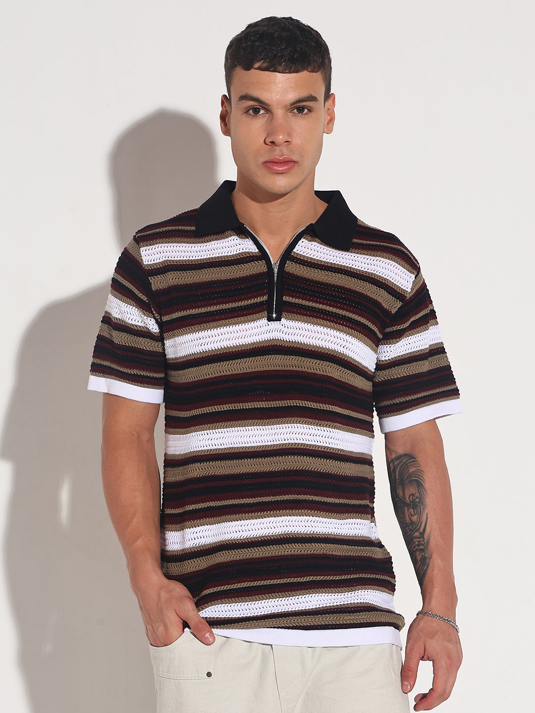 Men’s Black Striped Knit Polo T-Shirt with Zipper Detail