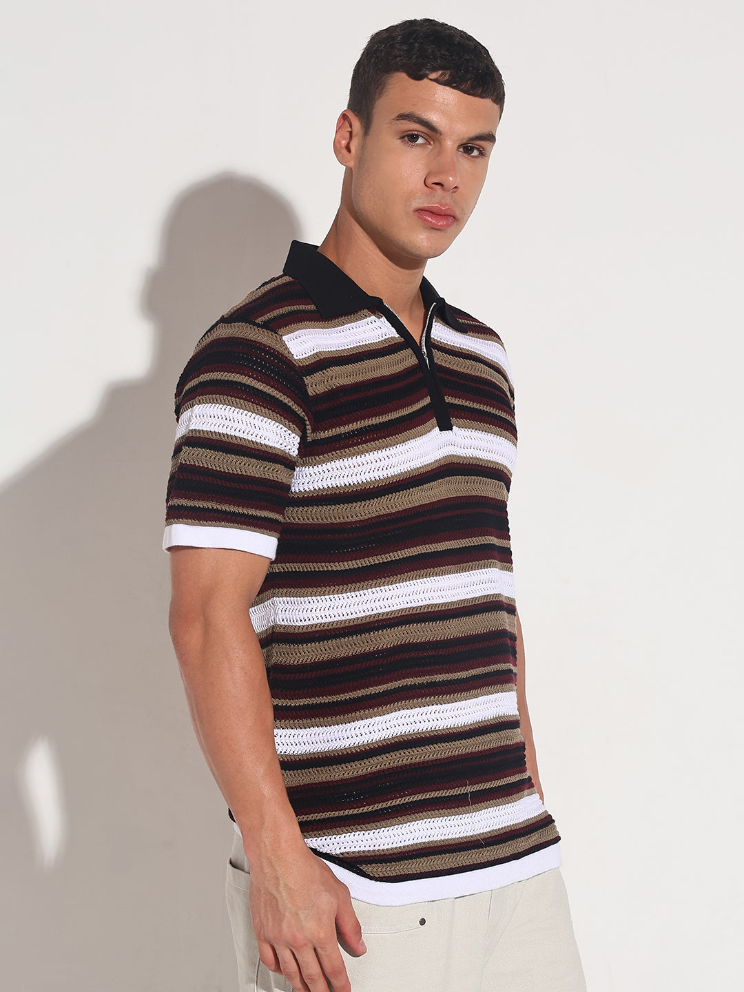 Men’s Black Striped Knit Polo T-Shirt with Zipper Detail