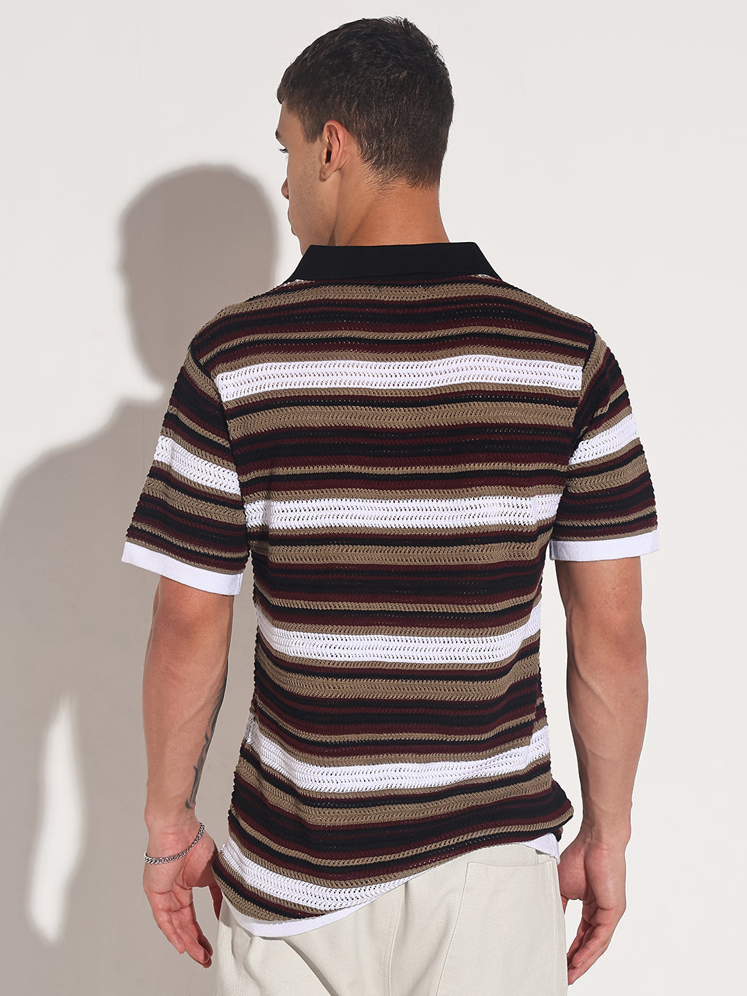 Men’s Black Striped Knit Polo T-Shirt with Zipper Detail