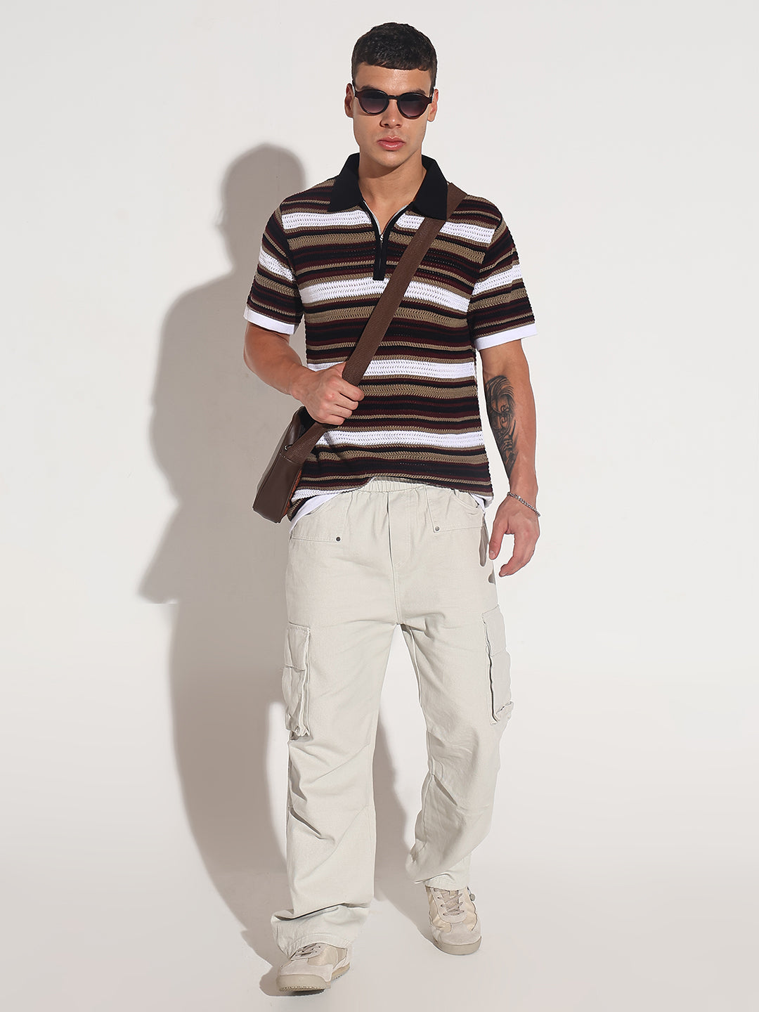 Men’s Black Striped Knit Polo T-Shirt with Zipper Detail