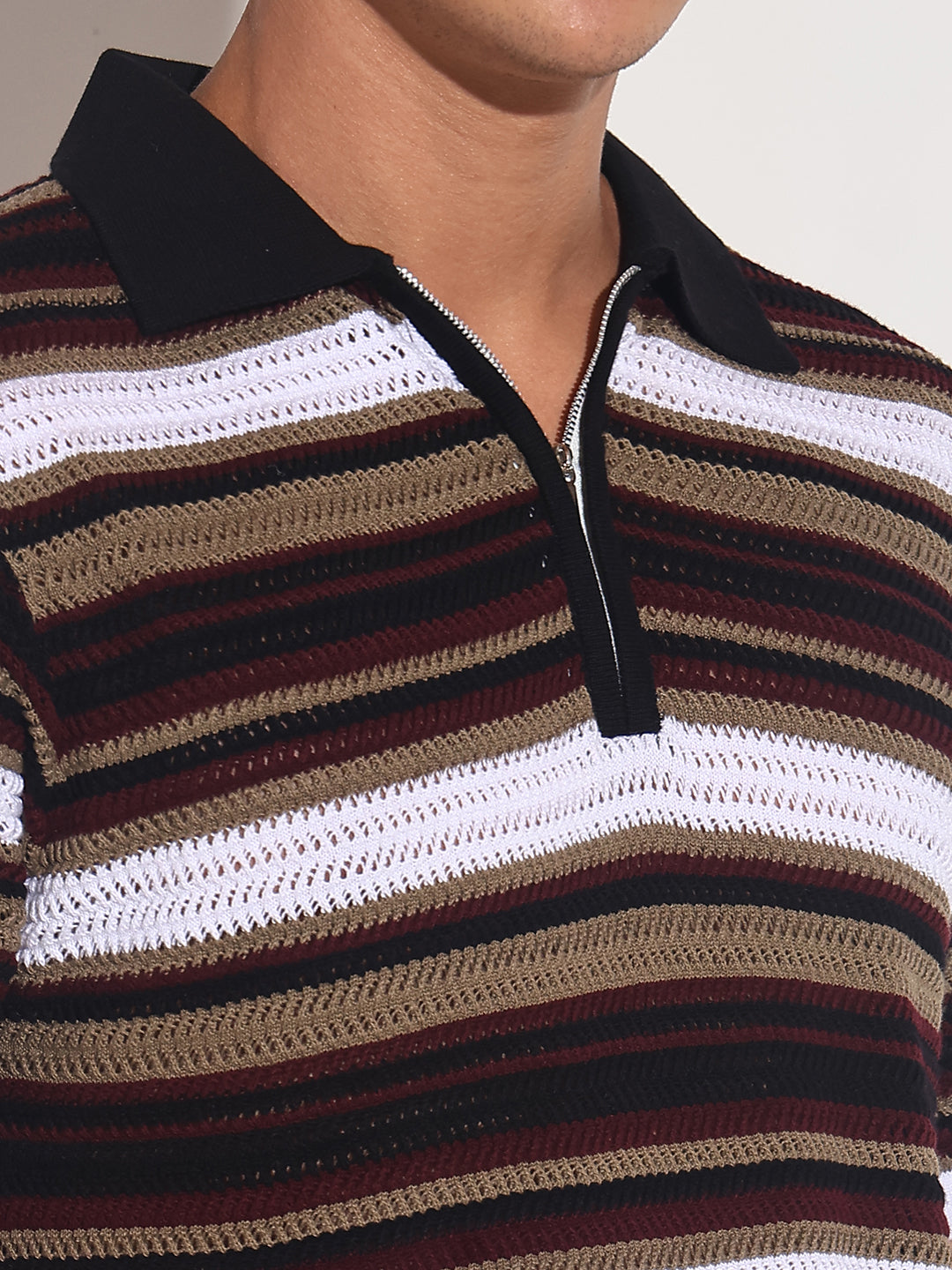 Men’s Black Striped Knit Polo T-Shirt with Zipper Detail