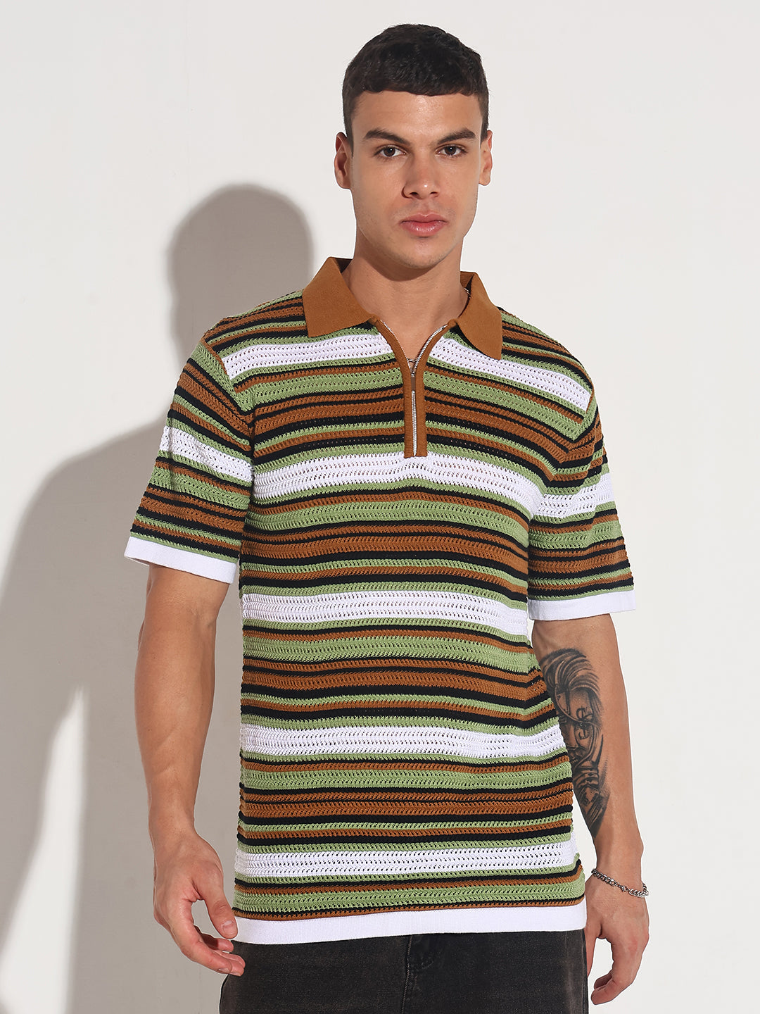 Men’s Brown Striped Knit Polo T-Shirt with Zipper Detail