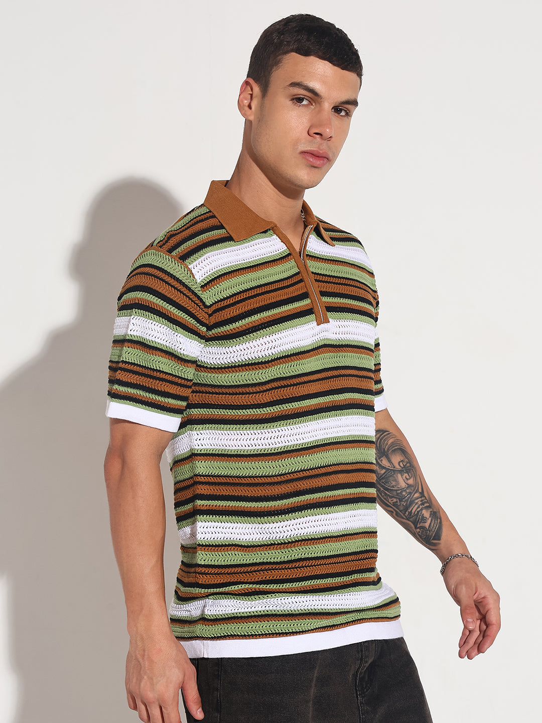 Men’s Brown Striped Knit Polo T-Shirt with Zipper Detail