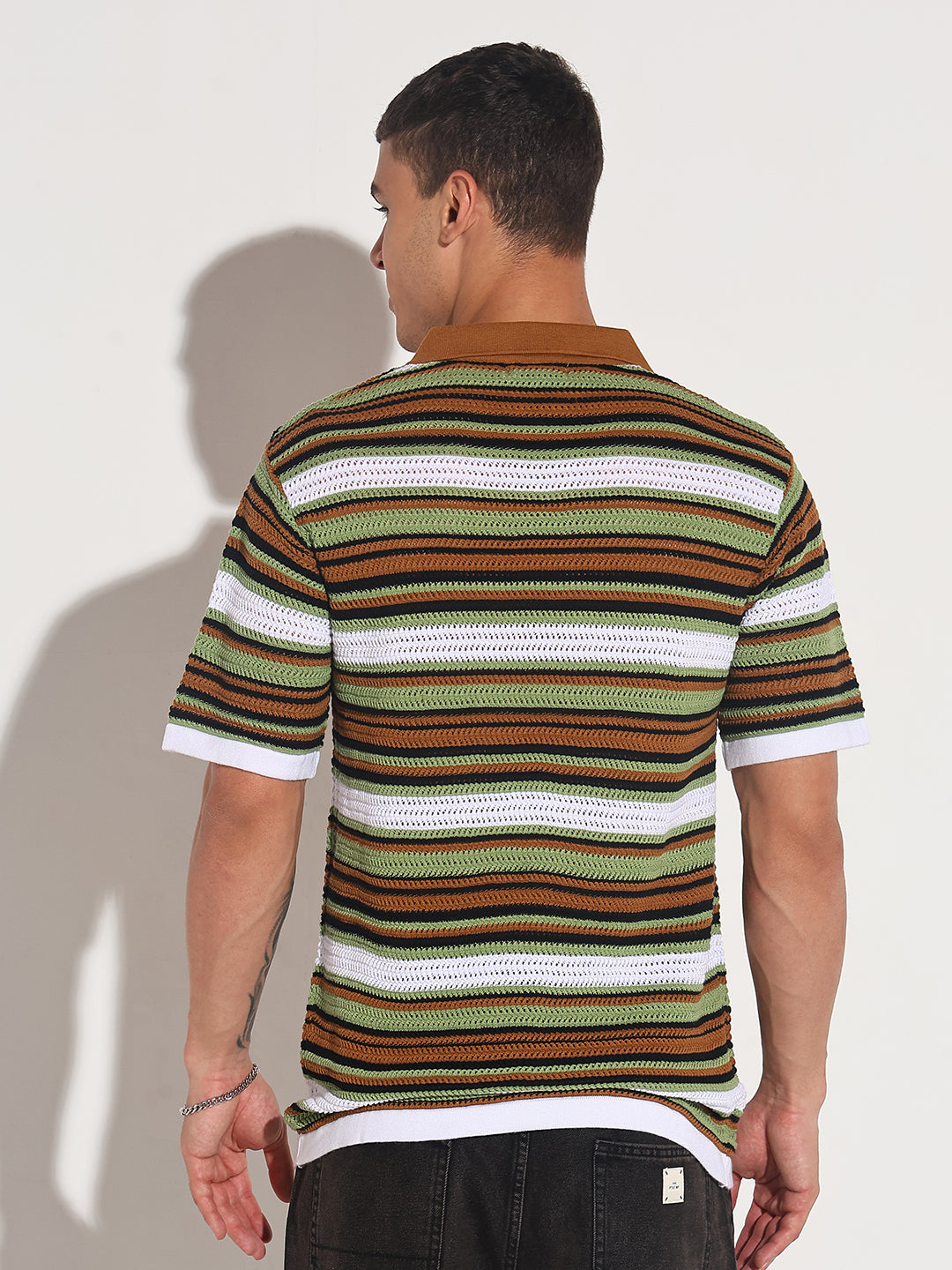 Men’s Brown Striped Knit Polo T-Shirt with Zipper Detail