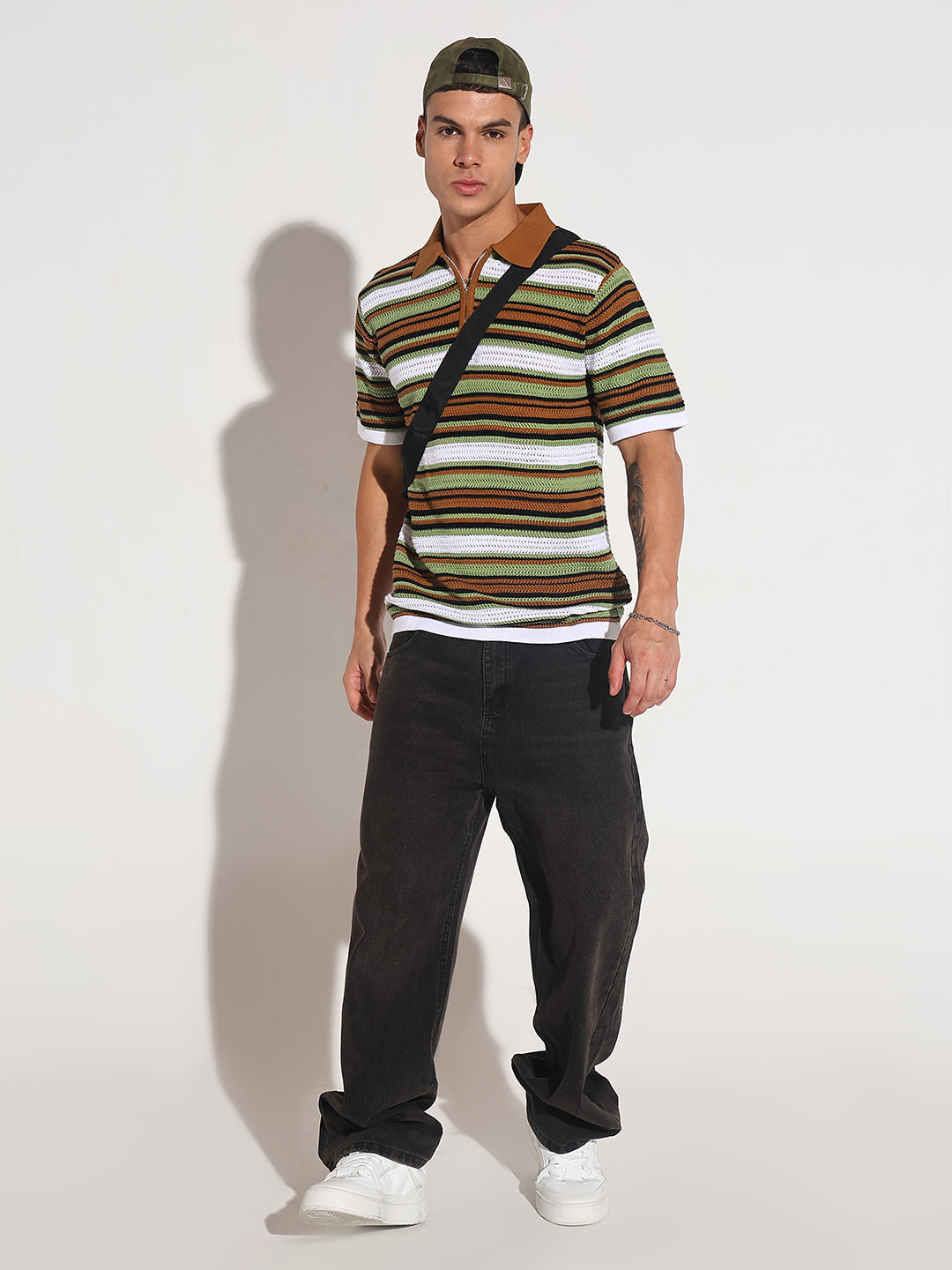 Men’s Brown Striped Knit Polo T-Shirt with Zipper Detail