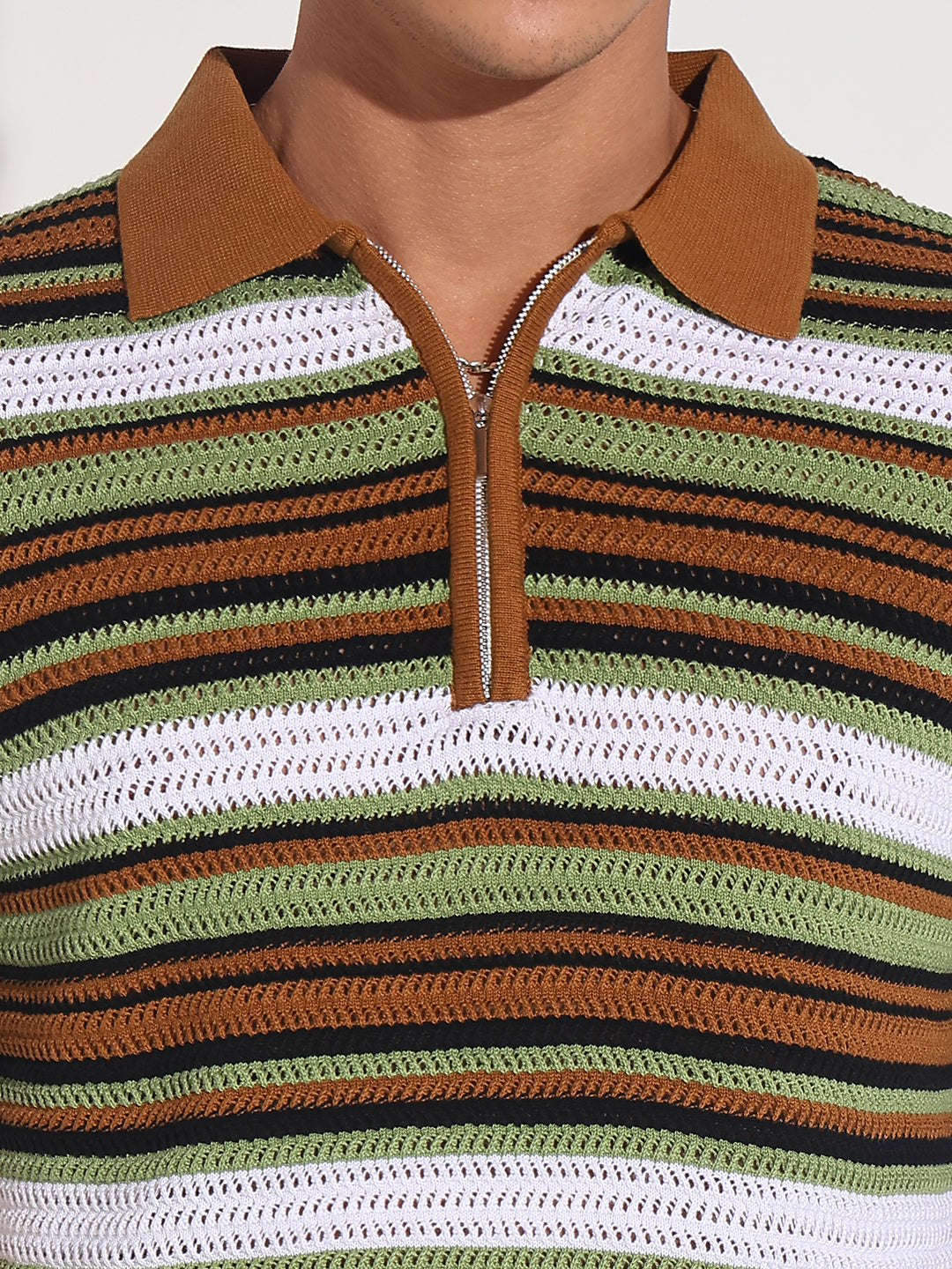 Men’s Brown Striped Knit Polo T-Shirt with Zipper Detail