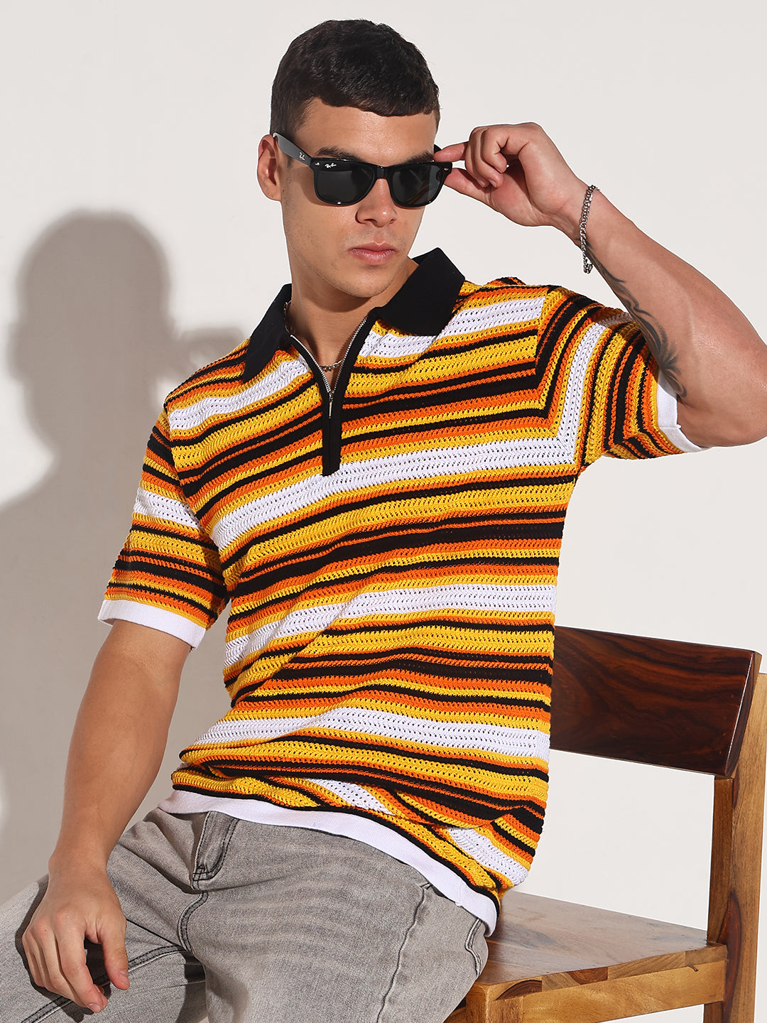 Men’s Yellow Striped Knit Polo T-Shirt with Zipper Detail