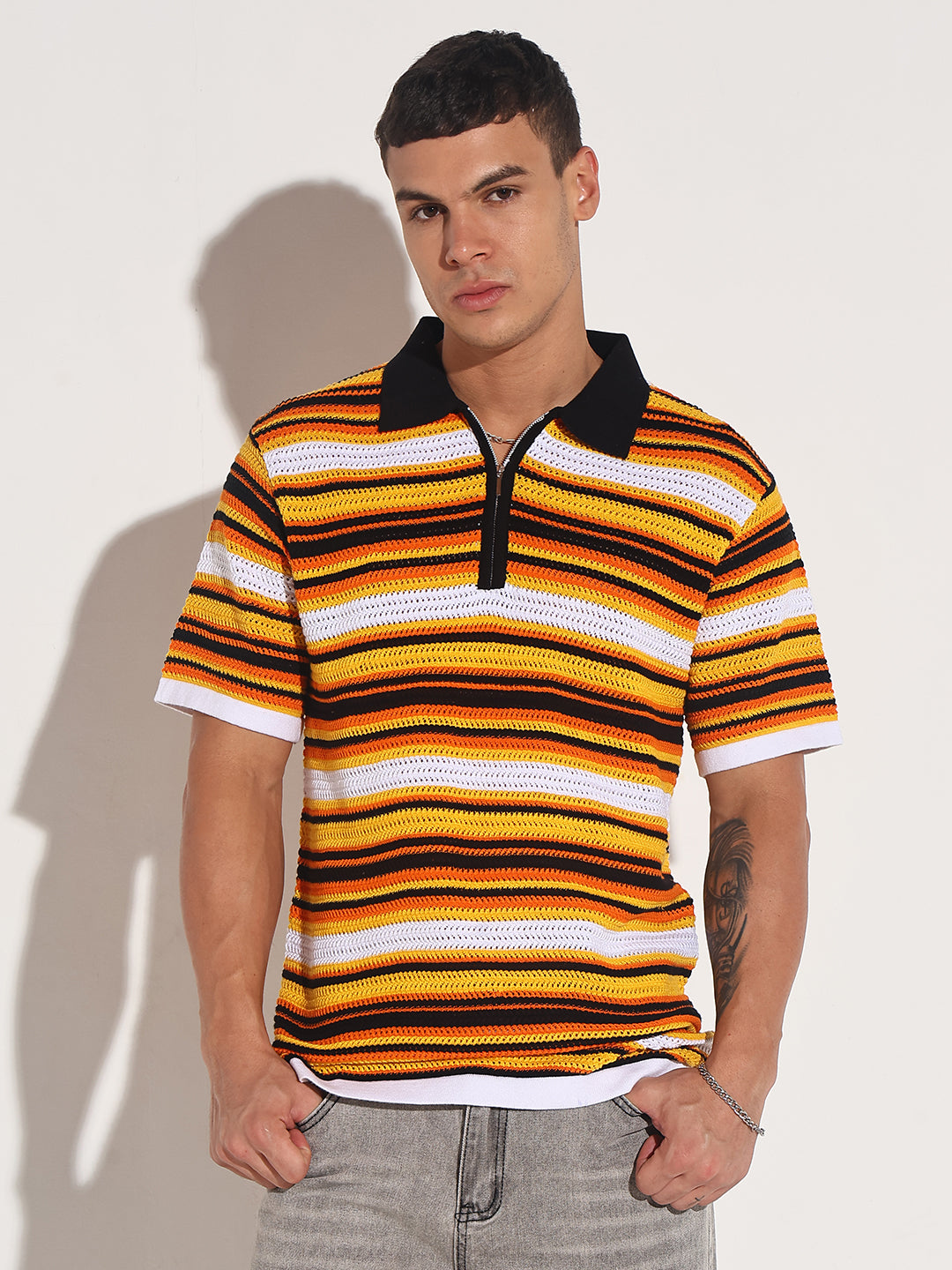 Men’s Yellow Striped Knit Polo T-Shirt with Zipper Detail