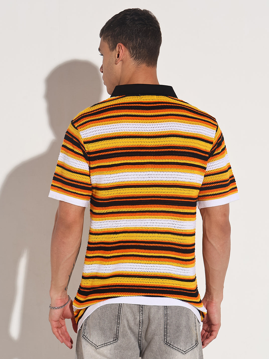Men's Yellow Striped Knit Polo T-Shirt with Zipper Detail