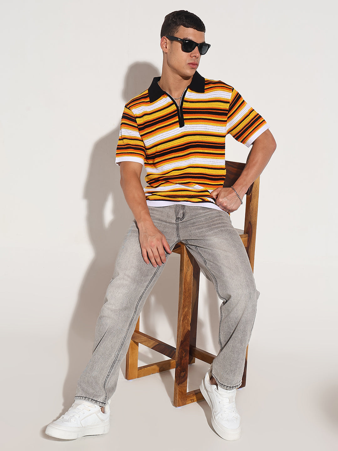 Men's Yellow Striped Knit Polo T-Shirt with Zipper Detail
