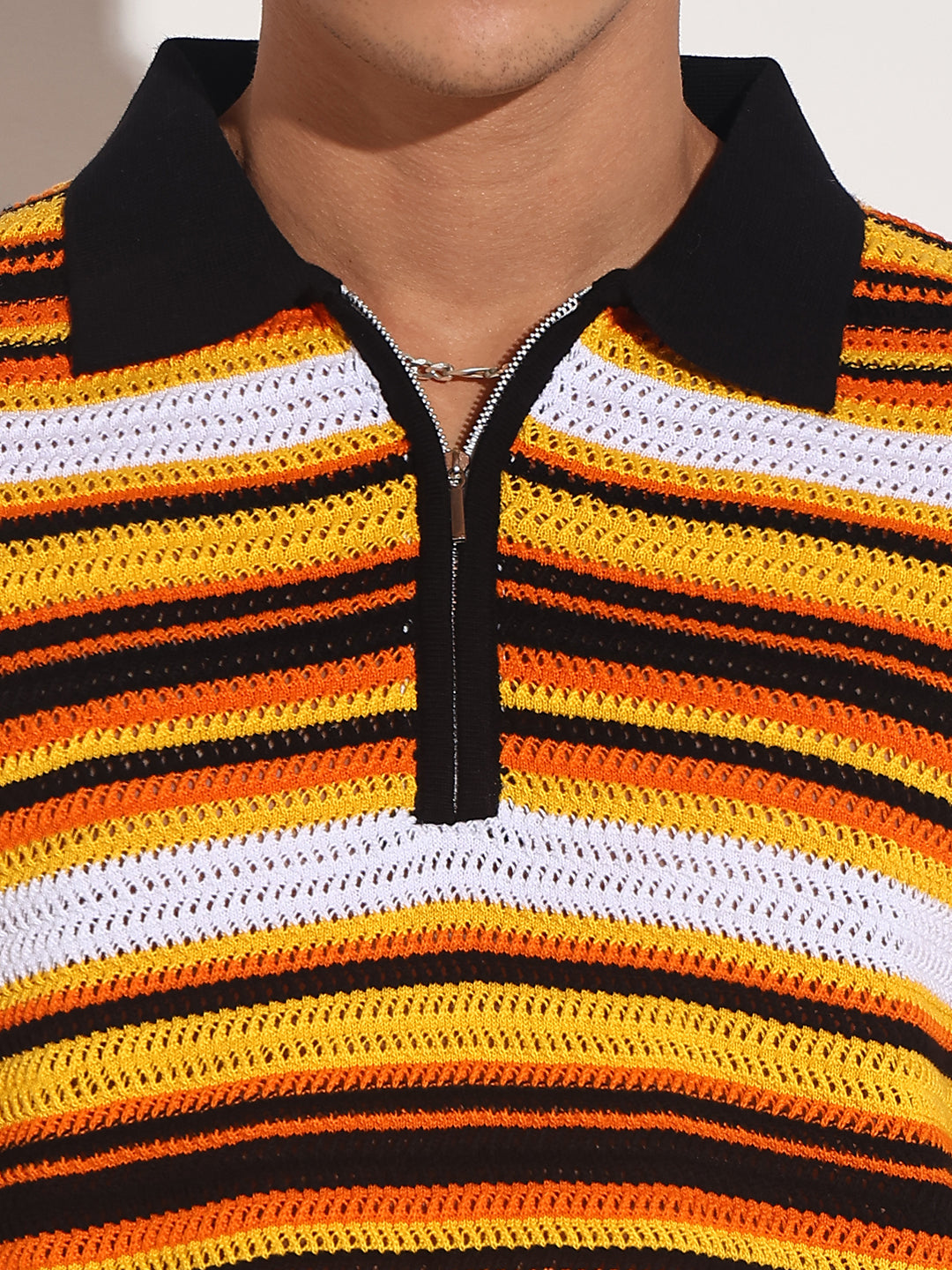 Men's Yellow Striped Knit Polo T-Shirt with Zipper Detail