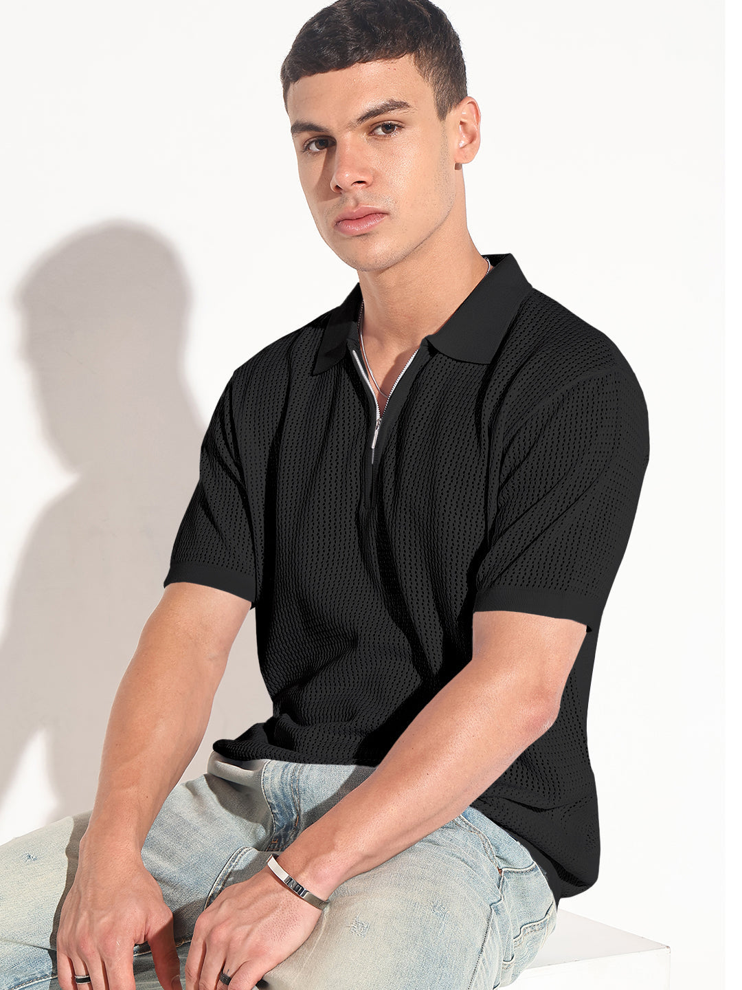 Men’s Textured Black Short Sleeve Semi Sheer Polo T-Shirt with Zipper Detail
