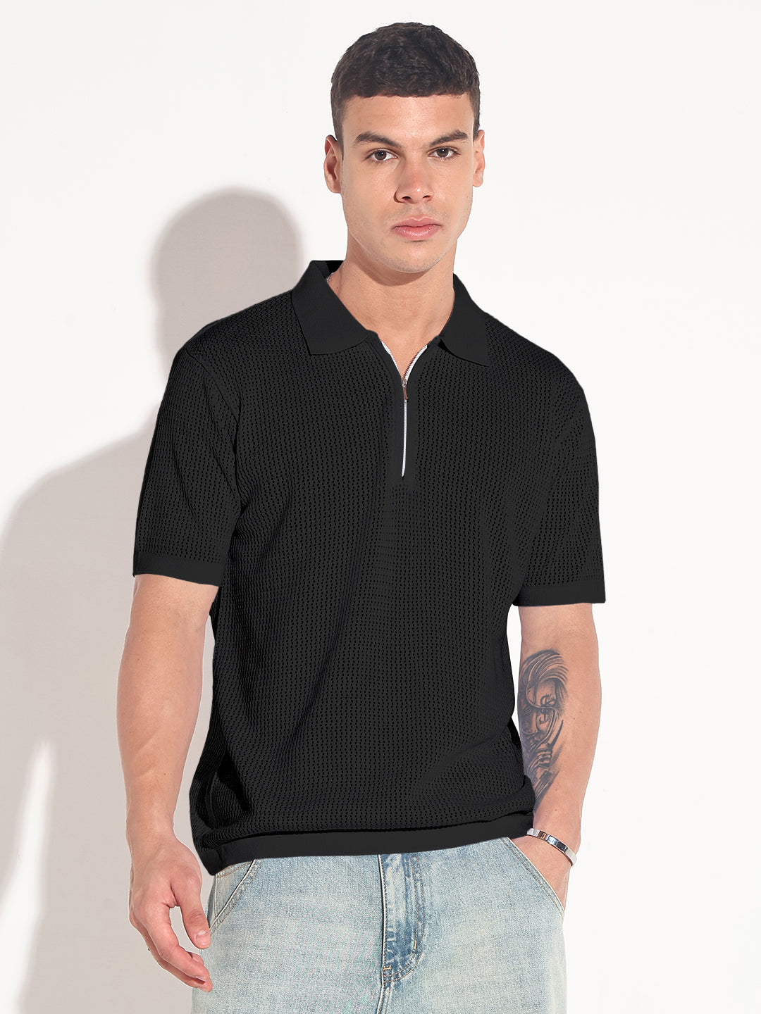 Men’s Textured Black Short Sleeve Semi Sheer Polo T-Shirt with Zipper Detail