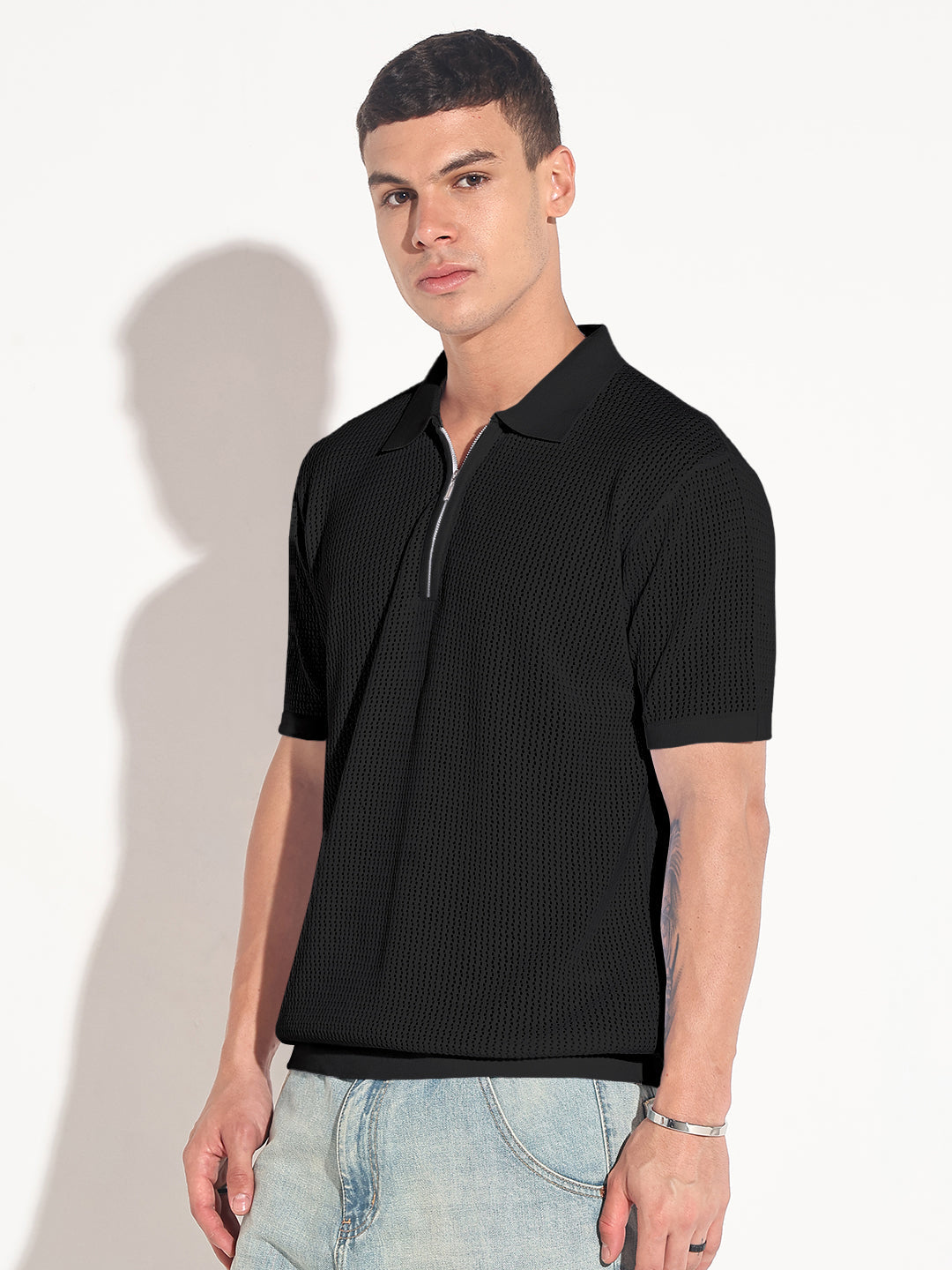 Men’s Textured Black Short Sleeve Semi Sheer Polo T-Shirt with Zipper Detail