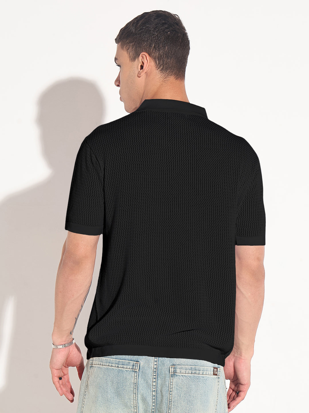 Men’s Textured Black Short Sleeve Semi Sheer Polo T-Shirt with Zipper Detail