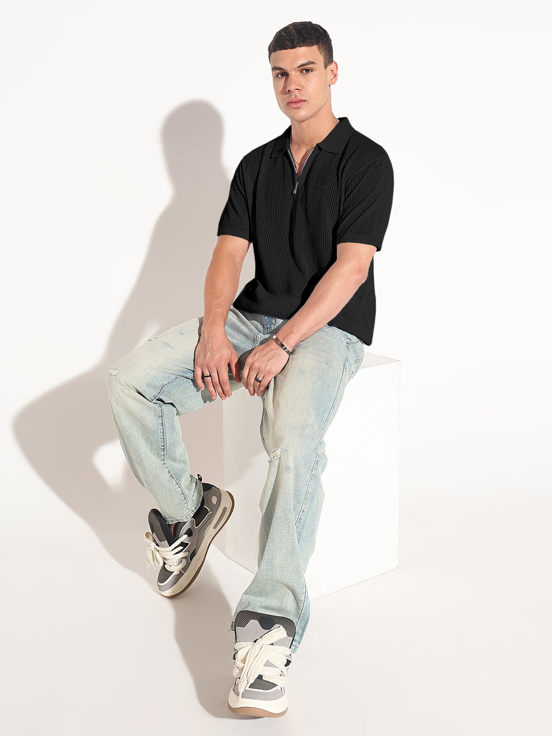 Men’s Textured Black Short Sleeve Semi Sheer Polo T-Shirt with Zipper Detail