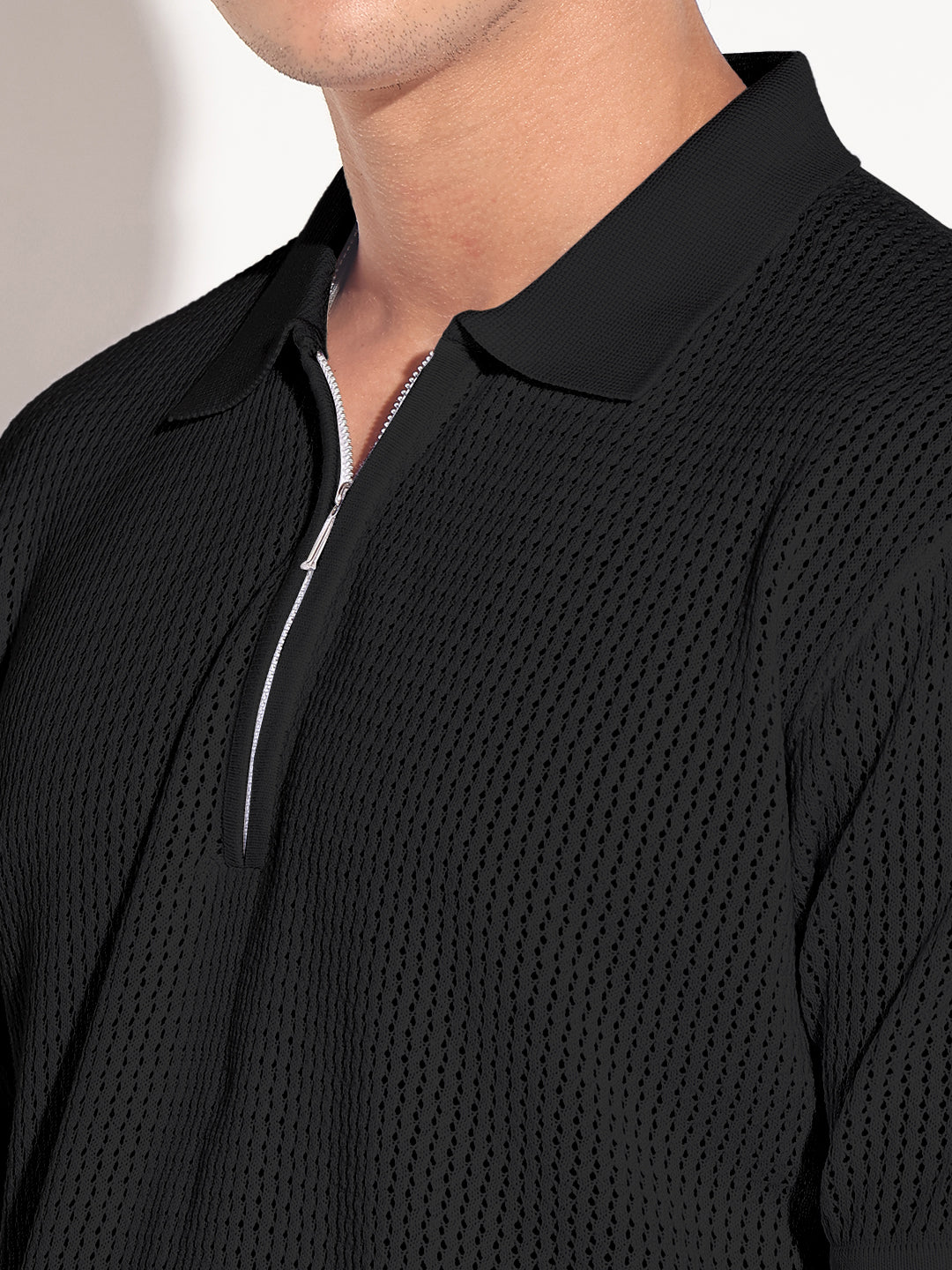 Men’s Textured Black Short Sleeve Semi Sheer Polo T-Shirt with Zipper Detail