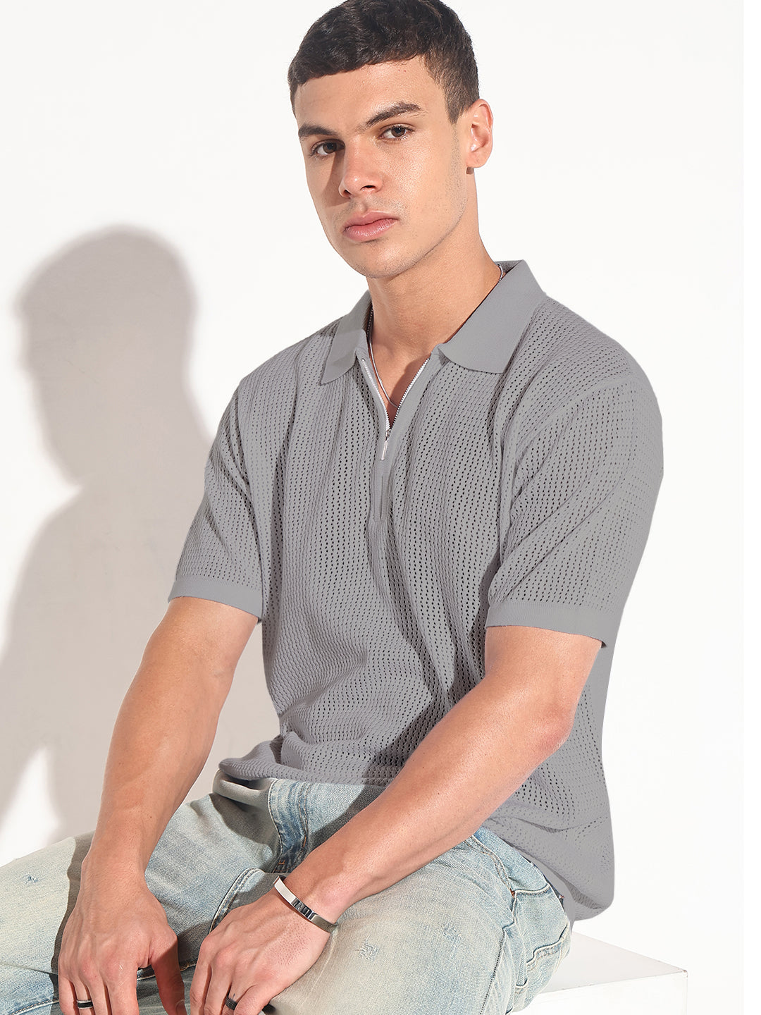 Men’s Textured Grey Short Sleeve Semi Sheer Polo T-Shirt with Zipper  Detail