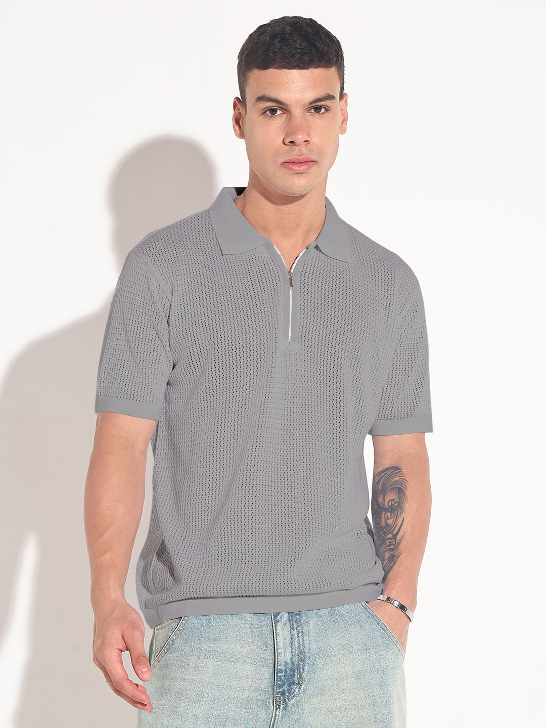 Men’s Textured Grey Short Sleeve Semi Sheer Polo T-Shirt with Zipper  Detail