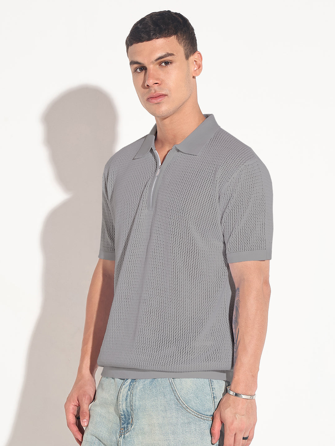Men’s Textured Grey Short Sleeve Semi Sheer Polo T-Shirt with Zipper  Detail