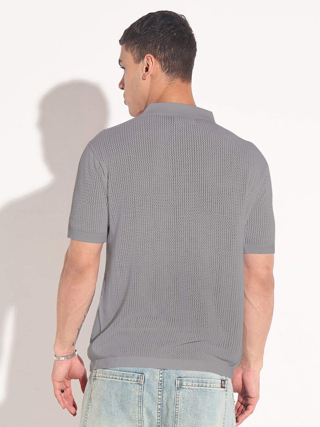 Men’s Textured Grey Short Sleeve Semi Sheer Polo T-Shirt with Zipper  Detail