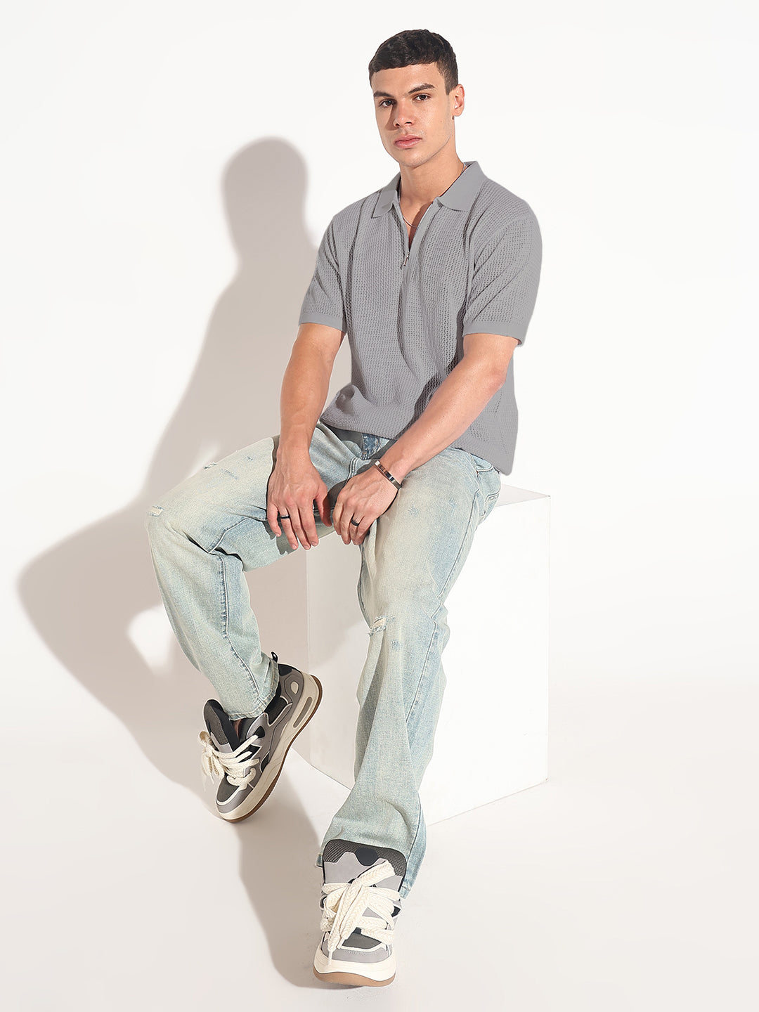 Men’s Textured Grey Short Sleeve Semi Sheer Polo T-Shirt with Zipper  Detail