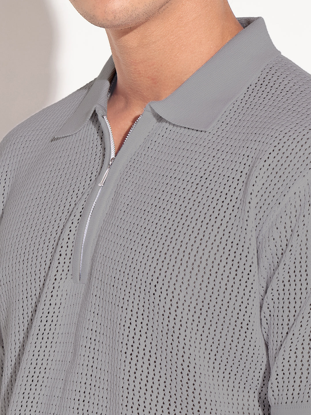 Men’s Textured Grey Short Sleeve Semi Sheer Polo T-Shirt with Zipper  Detail