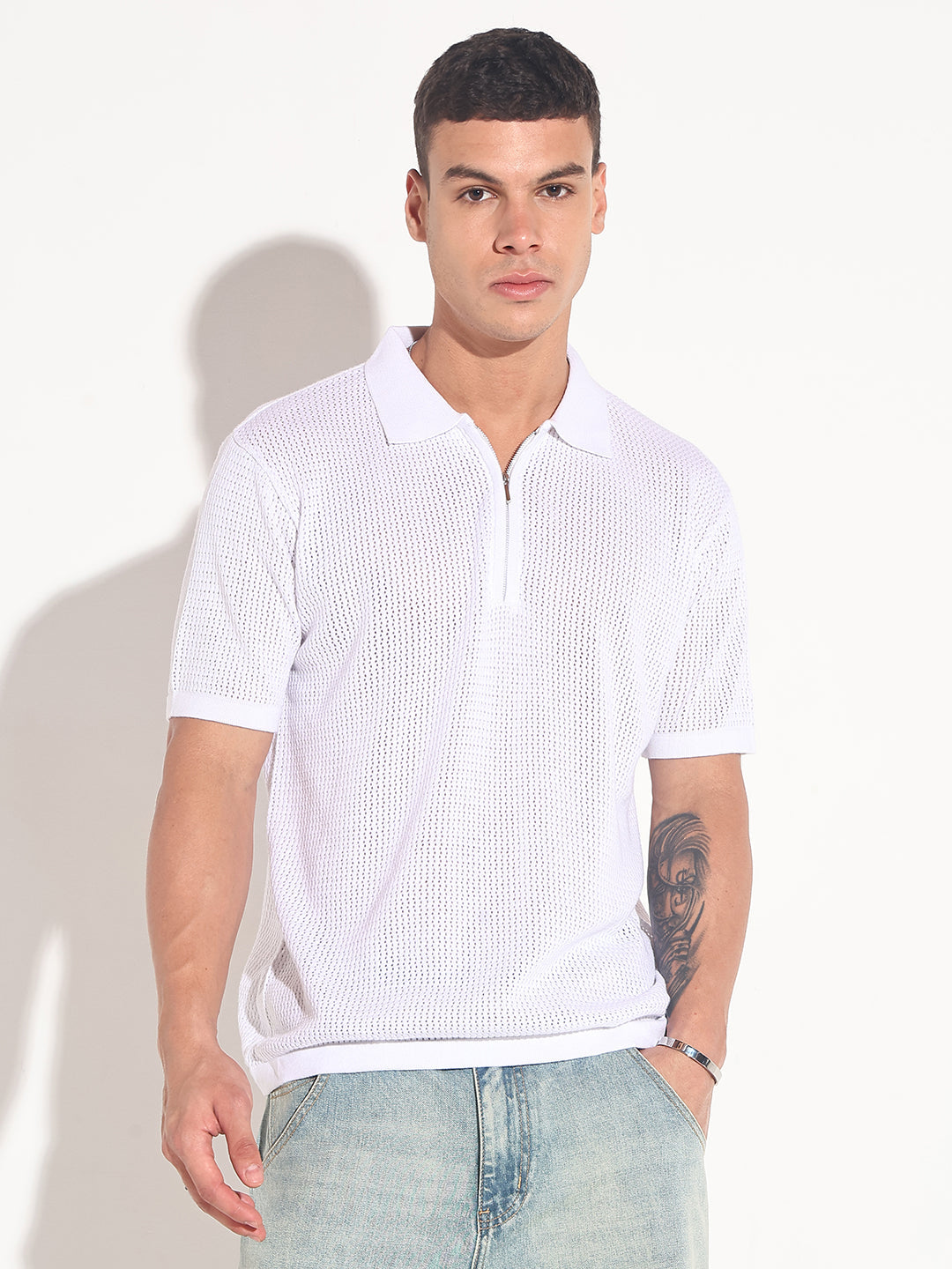 Men’s Textured White Short Sleeve Semi Sheer Polo T-Shirt with Zipper  Detail