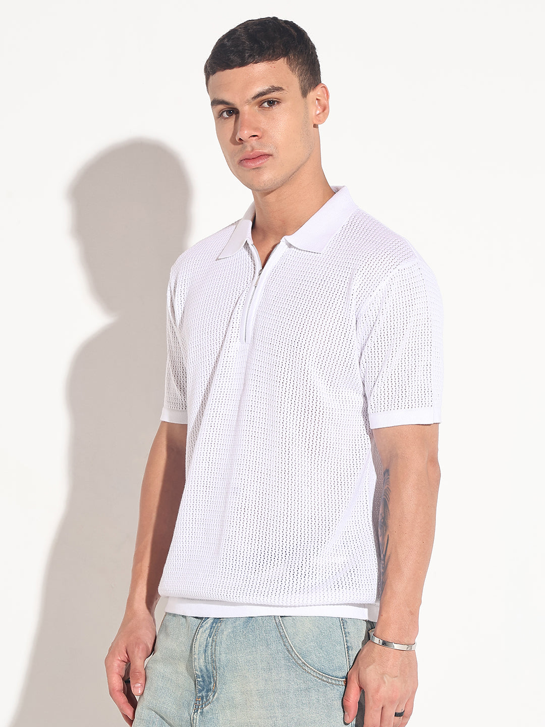 Men’s Textured White Short Sleeve Semi Sheer Polo T-Shirt with Zipper  Detail