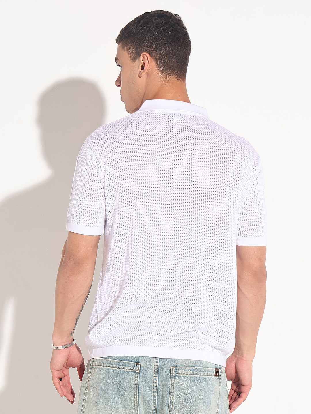 Men’s Textured White Short Sleeve Semi Sheer Polo T-Shirt with Zipper  Detail