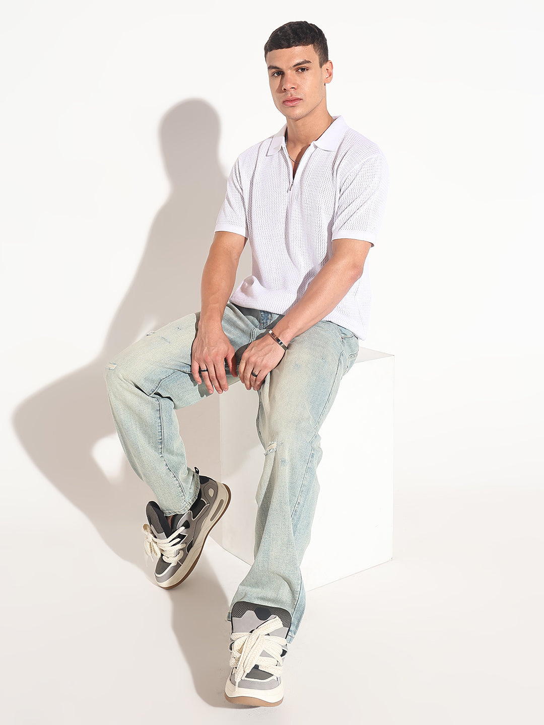 Men’s Textured White Short Sleeve Semi Sheer Polo T-Shirt with Zipper  Detail