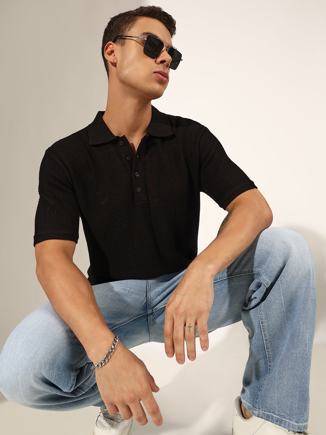 Men's Textured Striped Black Knitted Polo T-Shirt