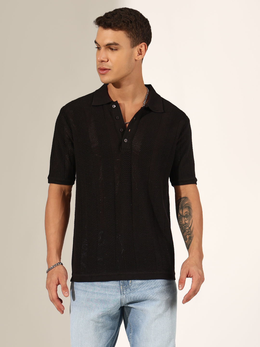 Men's Textured Striped Black Knitted Polo T-Shirt