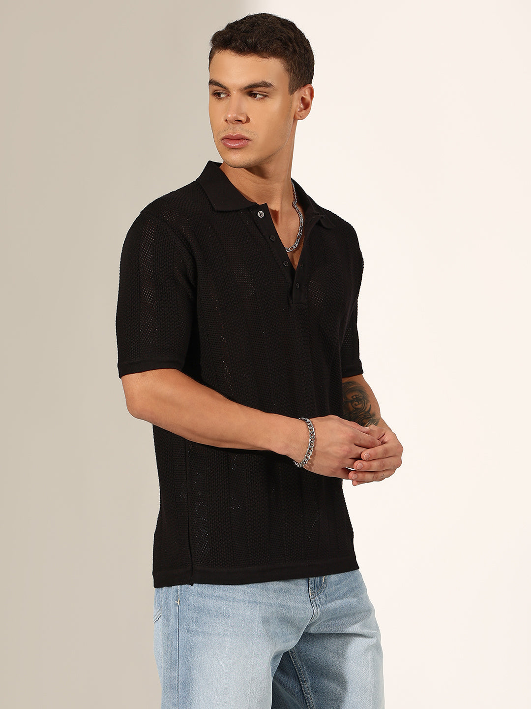 Men's Textured Striped Black Knitted Polo T-Shirt