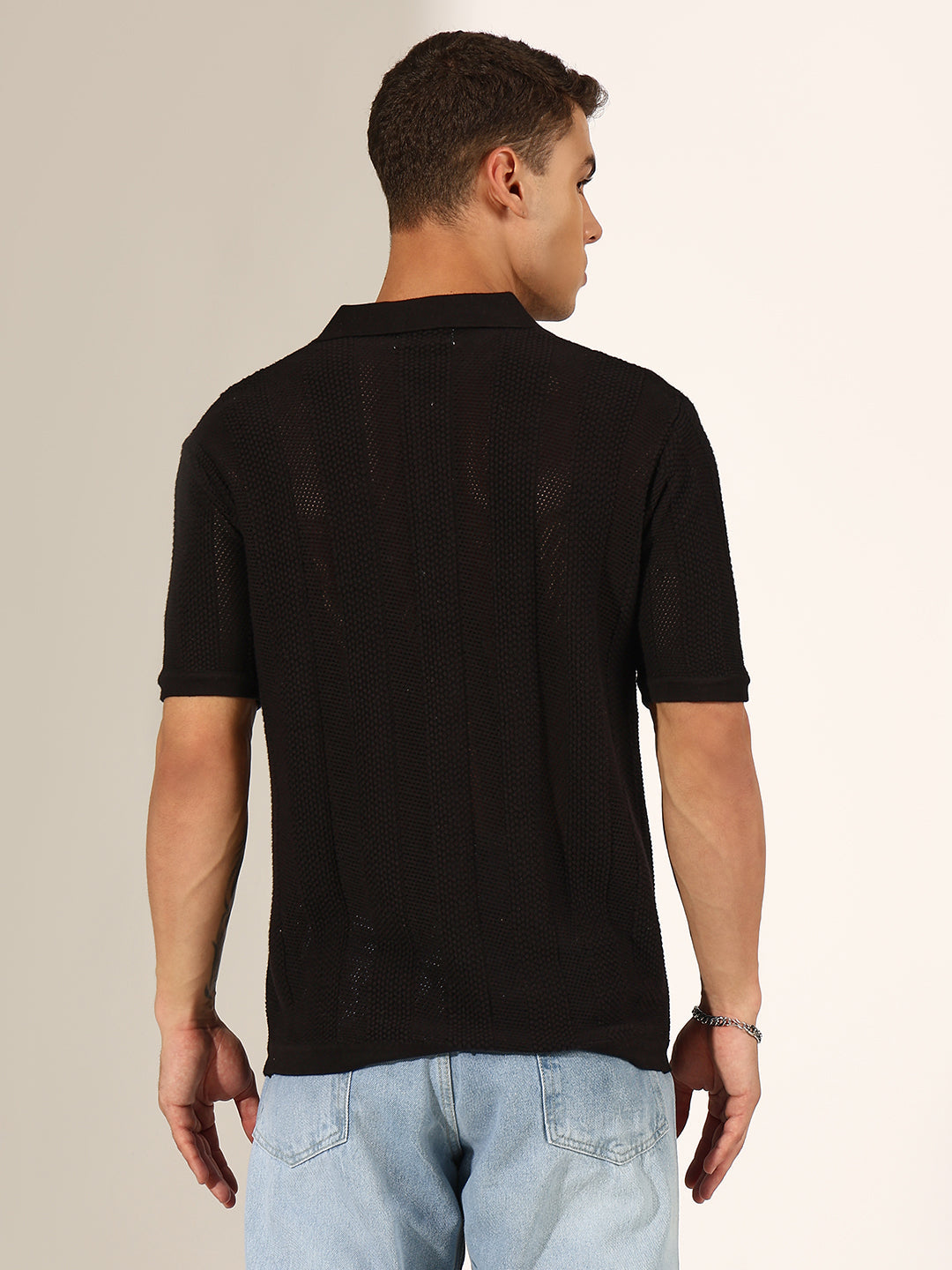 Men's Textured Striped Black Knitted Polo T-Shirt