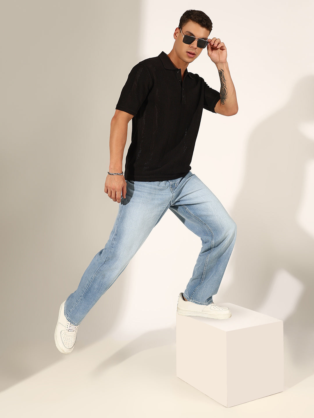 Men's Textured Striped Black Knitted Polo T-Shirt