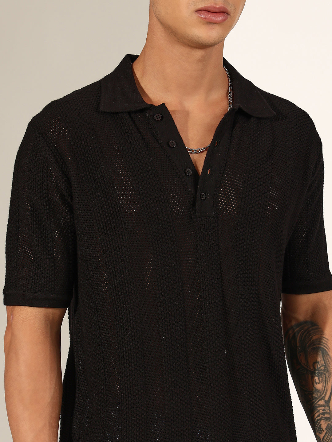 Men's Textured Striped Black Knitted Polo T-Shirt