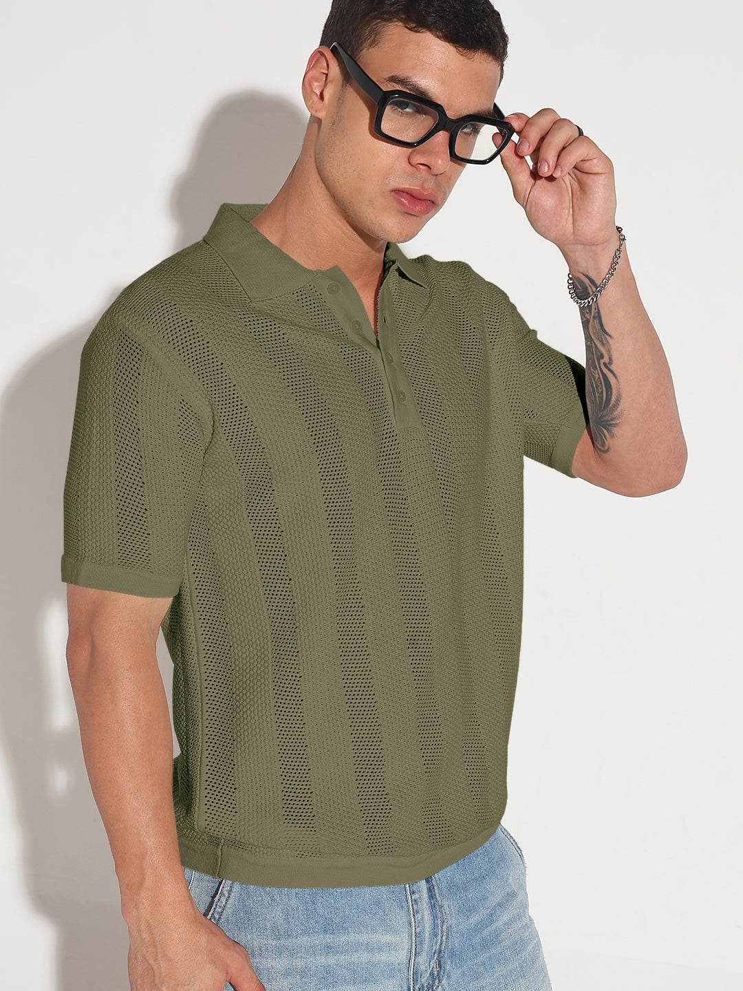 Men’s Textured Striped Green Knitted Short Sleeve Polo T-Shirt