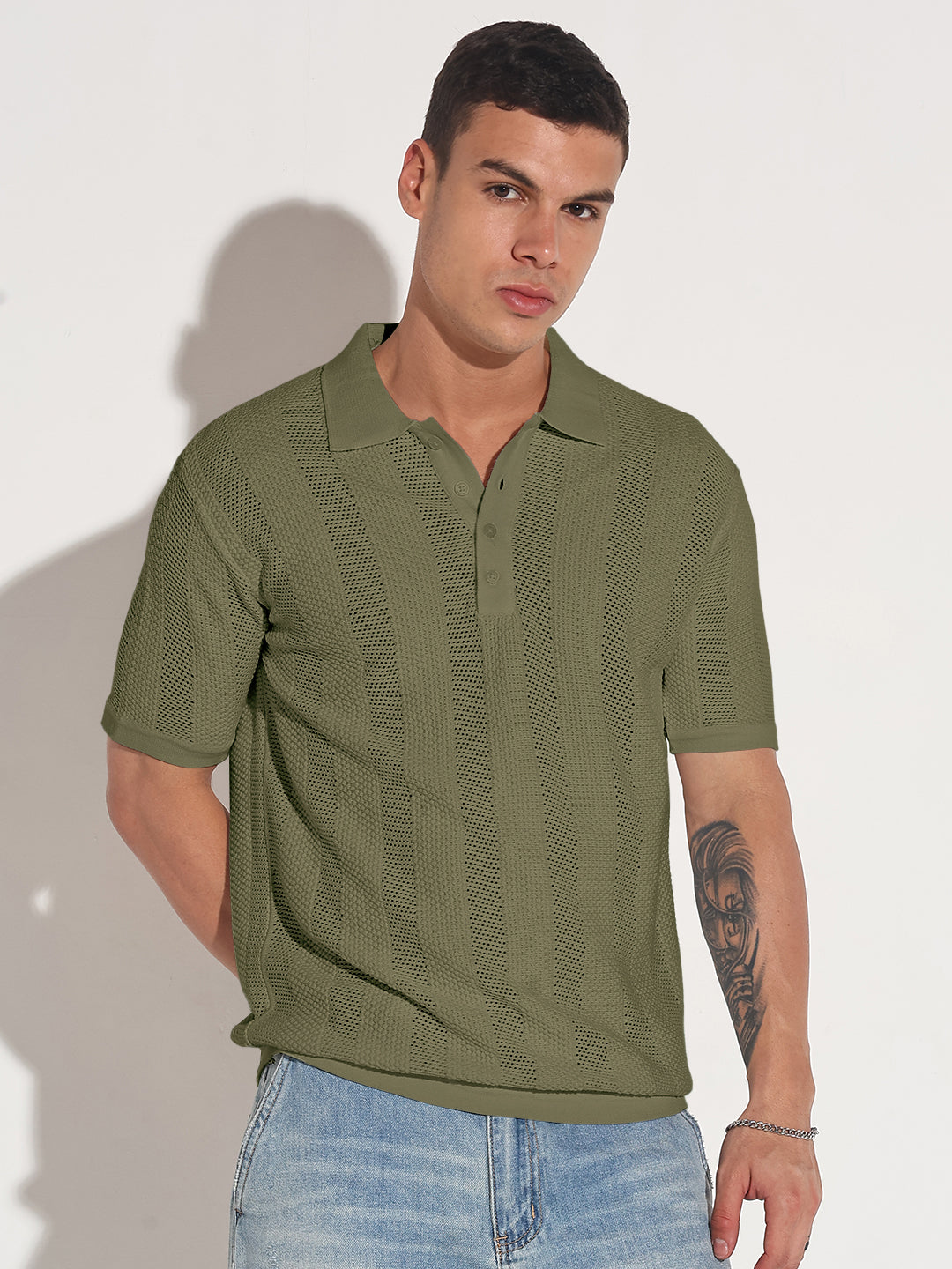 Men’s Textured Striped Green Knitted Short Sleeve Polo T-Shirt