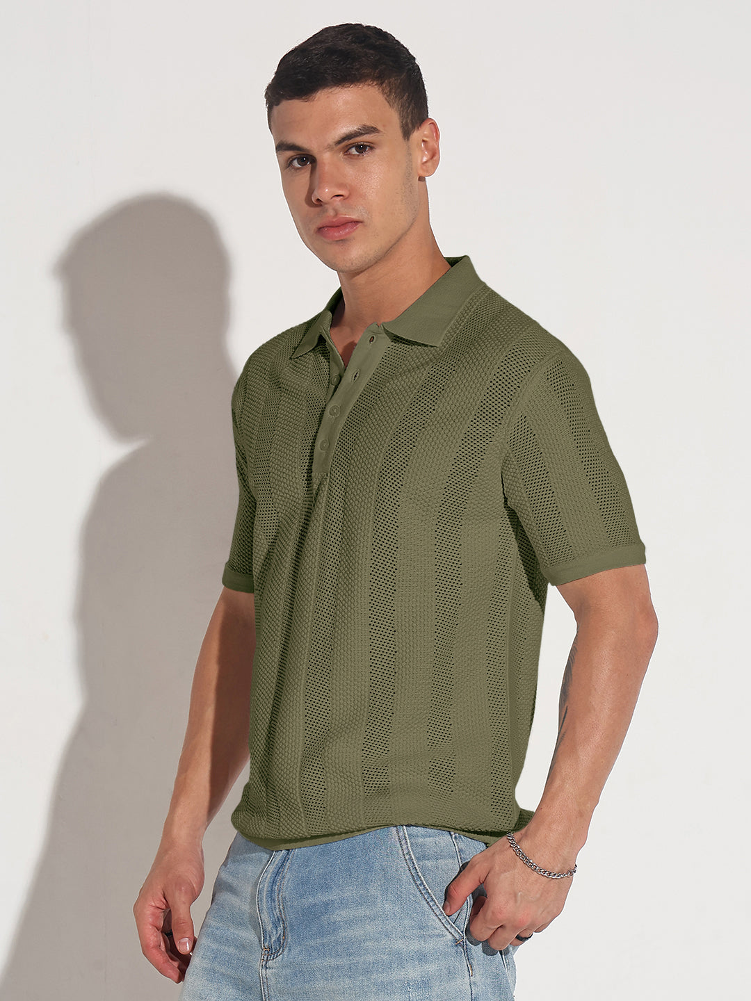 Men’s Textured Striped Green Knitted Short Sleeve Polo T-Shirt