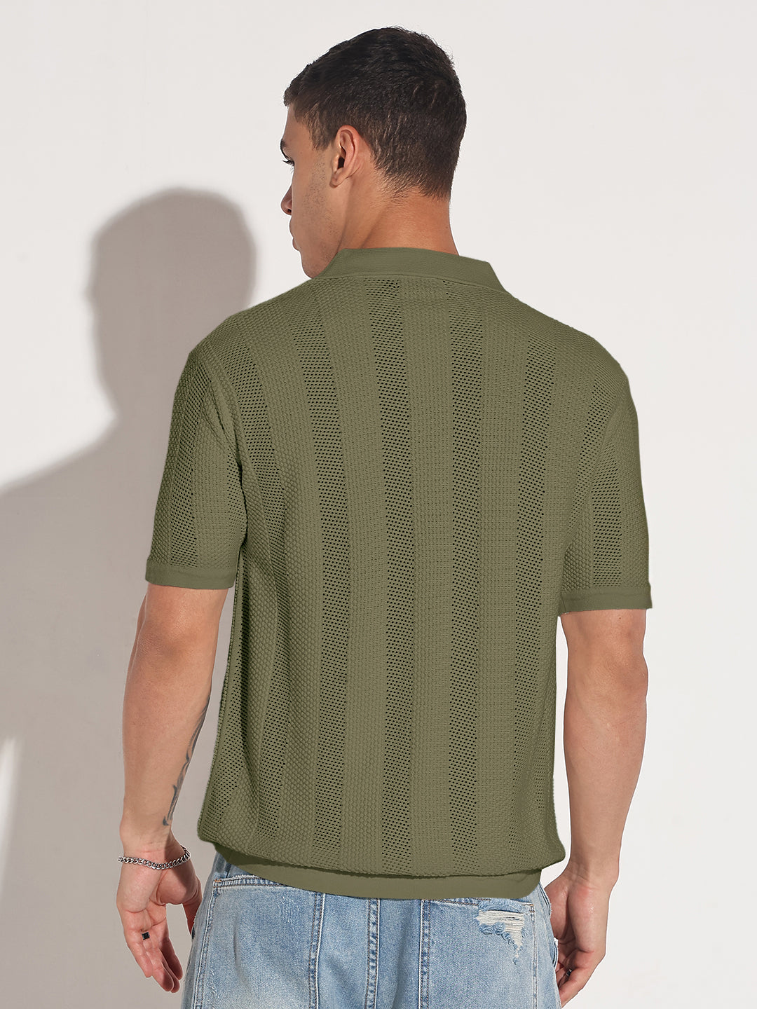 Men’s Textured Striped Green Knitted Short Sleeve Polo T-Shirt