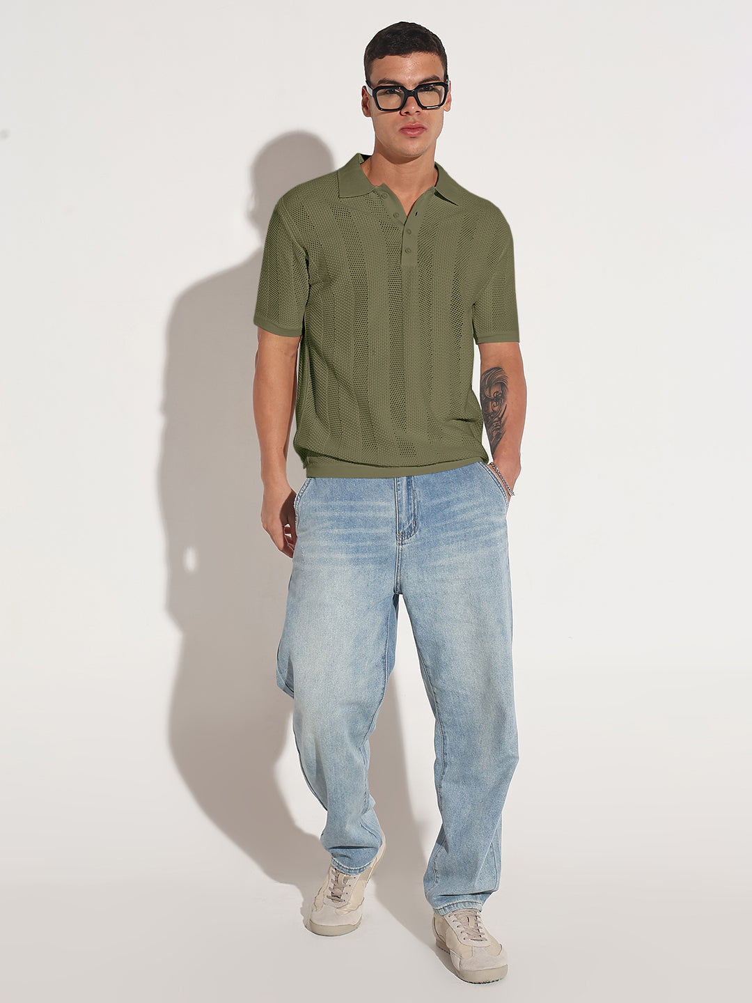 Men’s Textured Striped Green Knitted Short Sleeve Polo T-Shirt