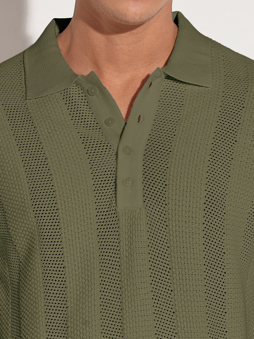 Men’s Textured Striped Green Knitted Short Sleeve Polo T-Shirt