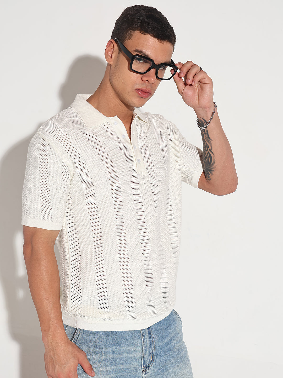 Men’s Textured Striped White Knitted Short Sleeve Polo T-Shirt