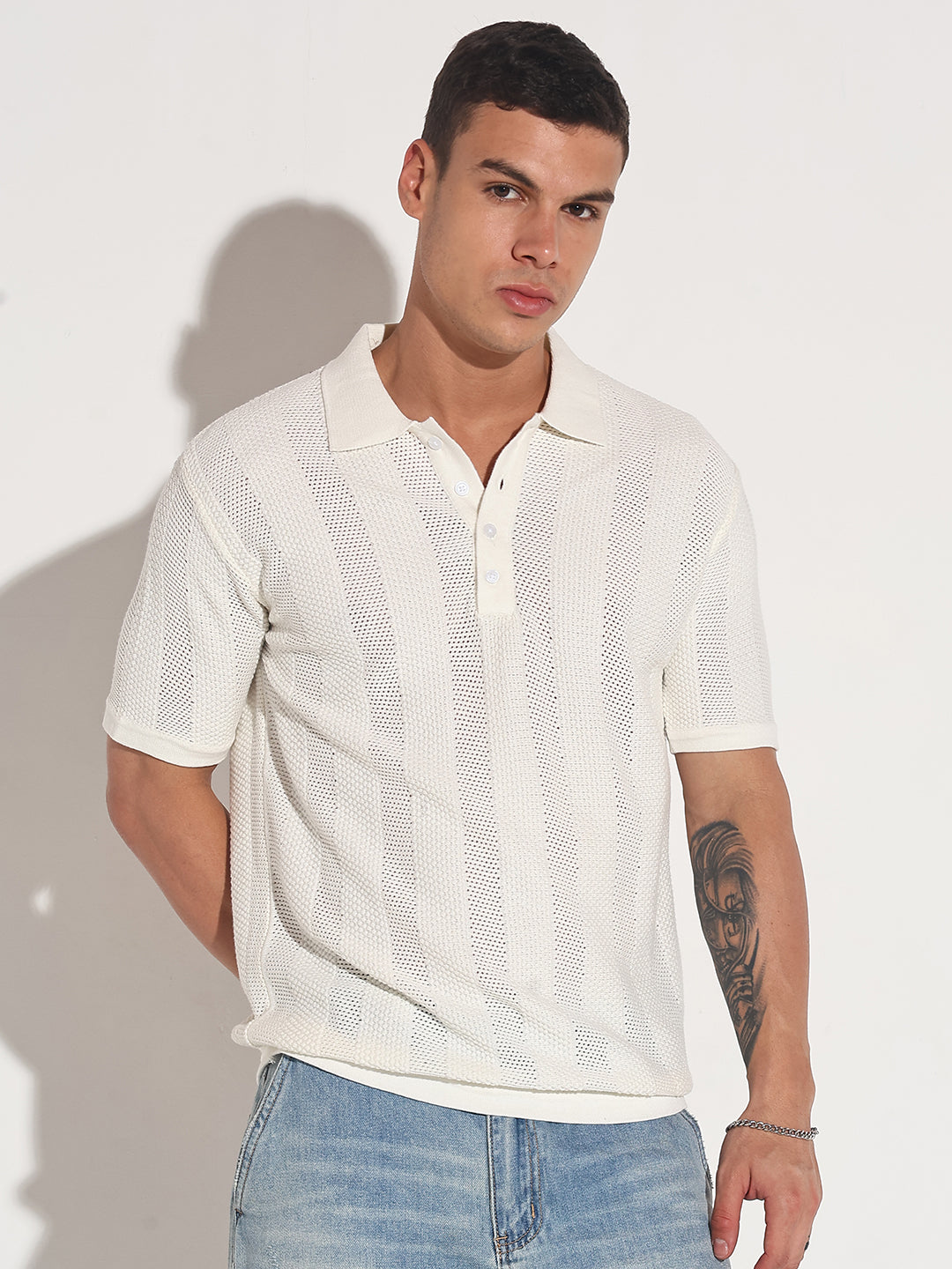 Men’s Textured Striped White Knitted Short Sleeve Polo T-Shirt
