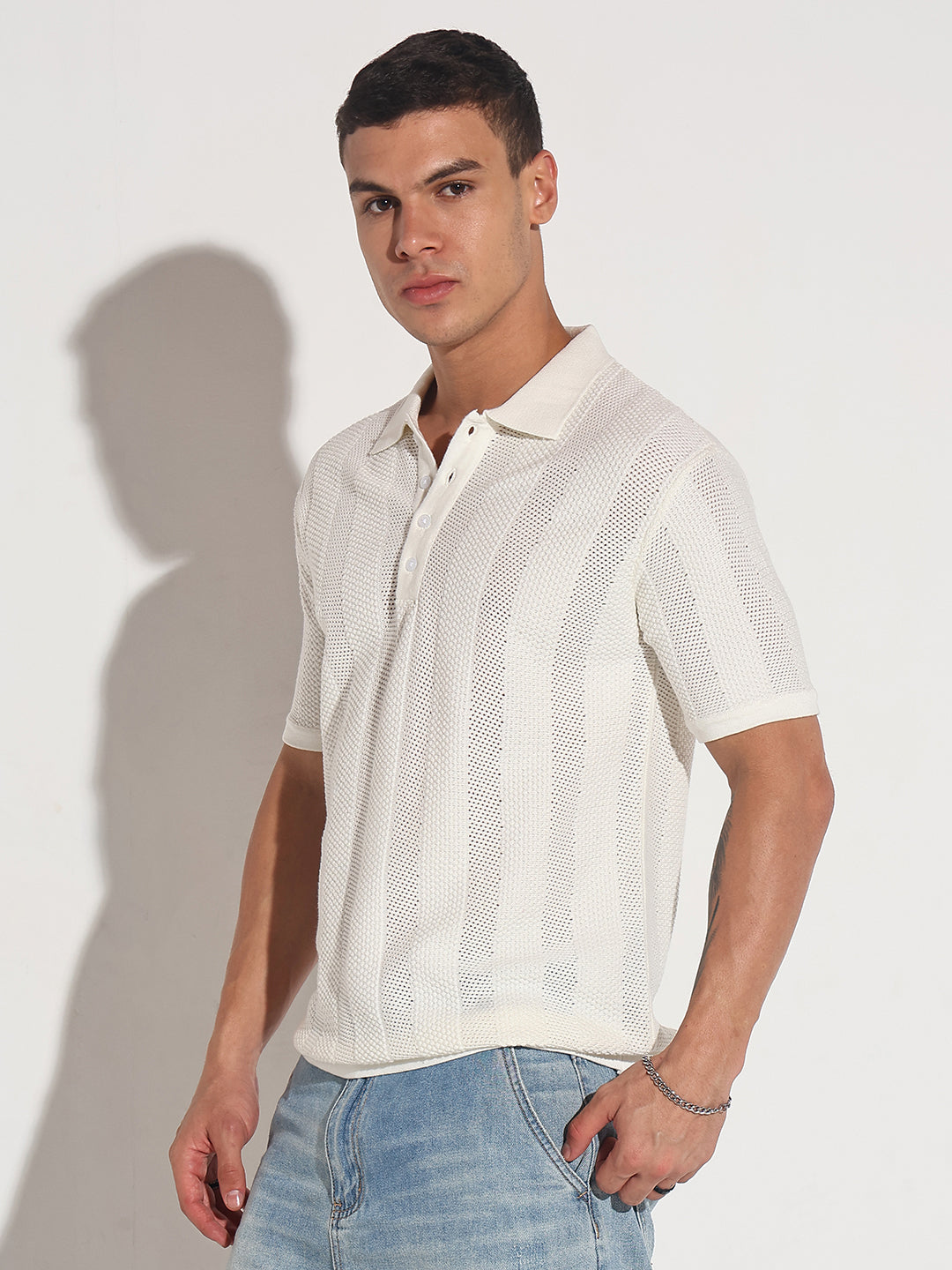 Men's Textured Striped White Knitted Short Sleeve Polo T-Shirt