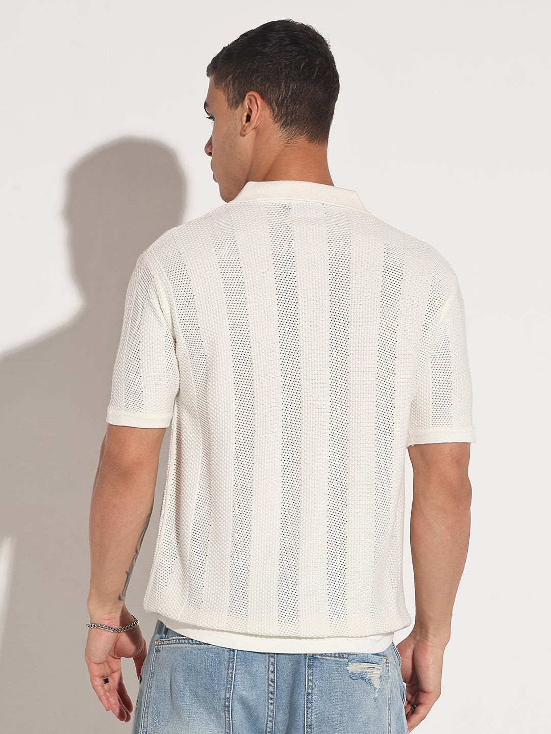 Men's Textured Striped White Knitted Short Sleeve Polo T-Shirt